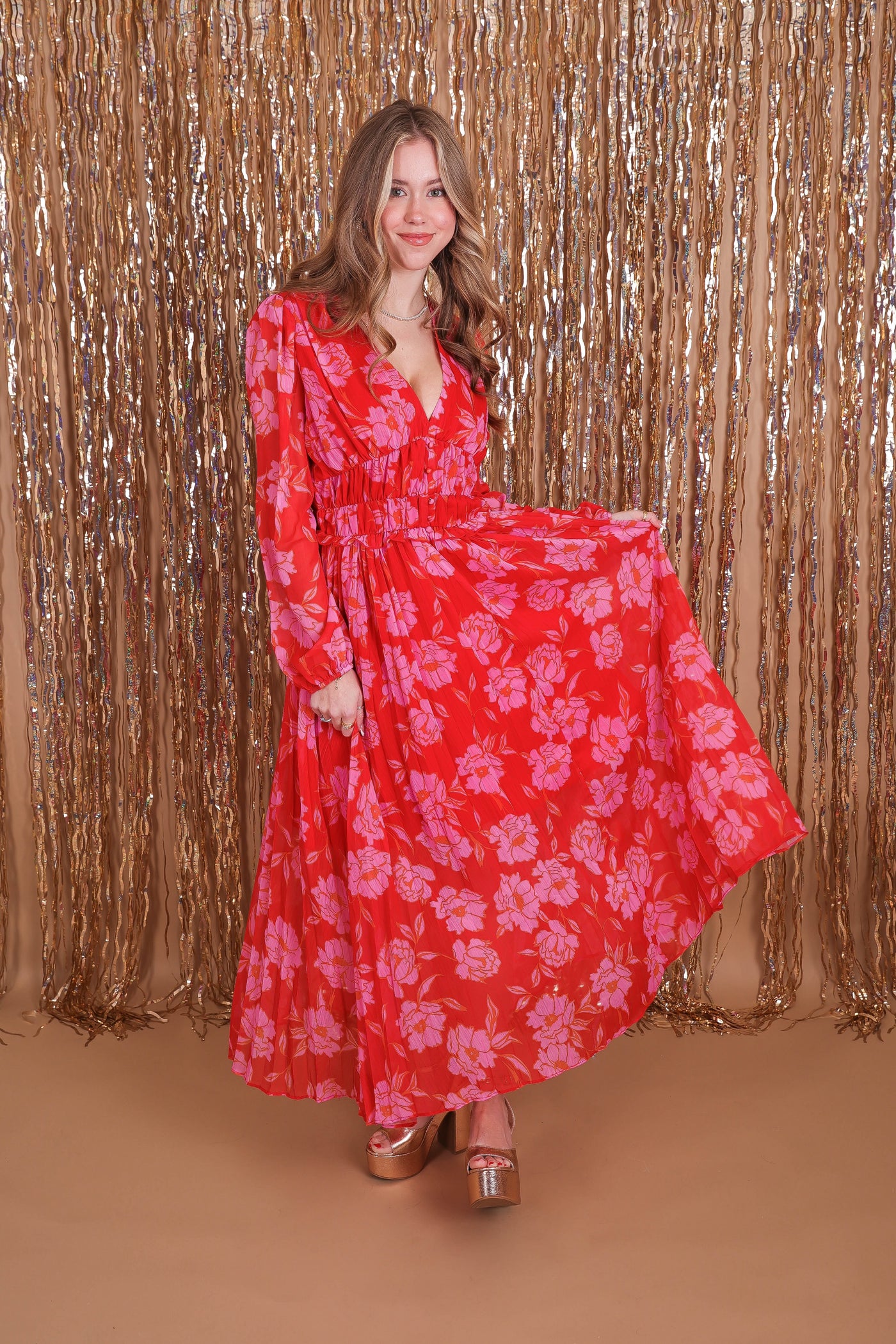 Women's Floral Chiffon Maxi Dress- Pink and Red Floral Maxi- Strut&Bolt Maxi Dress