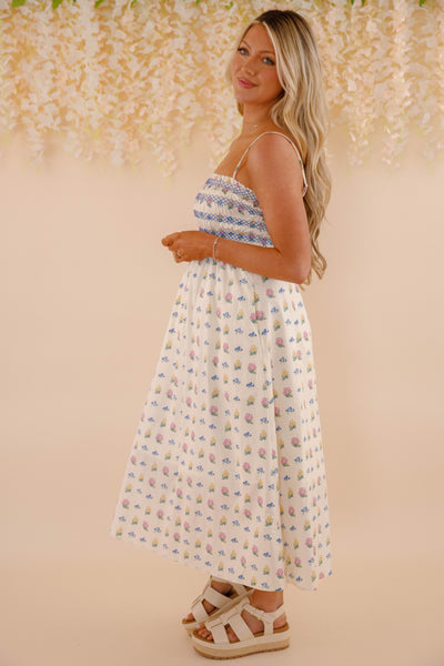 Women's Smocked Floral Print Cotton Midi Dress- Women's Floral Dresses- Aureum Dress