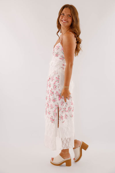 Printed Floral Lace Tiered Maxi Dress- Women's Floral Asymmetrical Maxi Dress