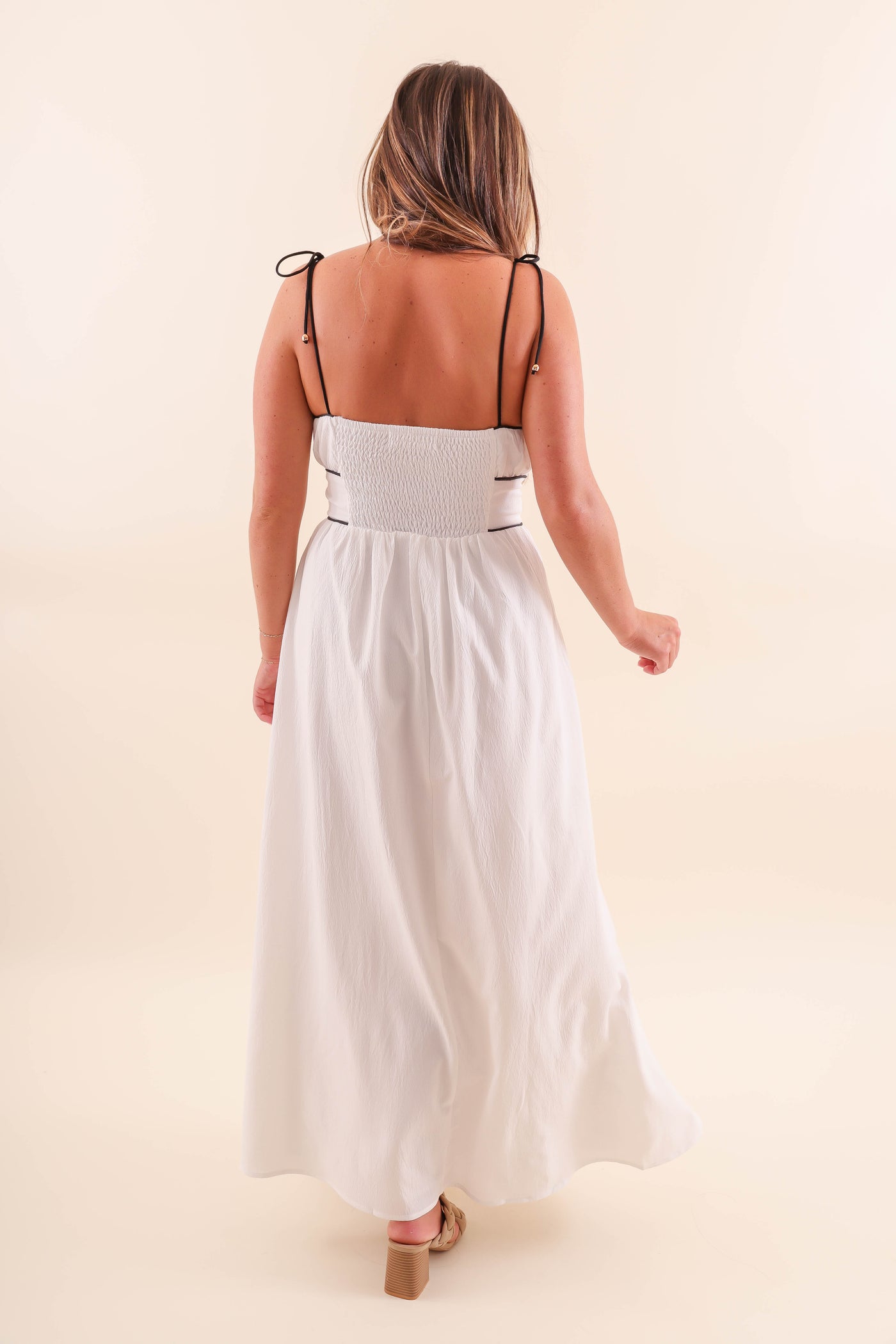 White Maxi Dress with Black Piping Contrast - Solid White Maxi With Black Stripes