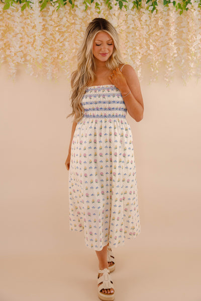 Women's Smocked Floral Print Cotton Midi Dress- Women's Floral Dresses- Aureum Dress