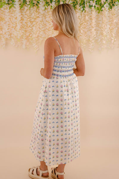 Women's Smocked Floral Print Cotton Midi Dress- Women's Floral Dresses- Aureum Dress