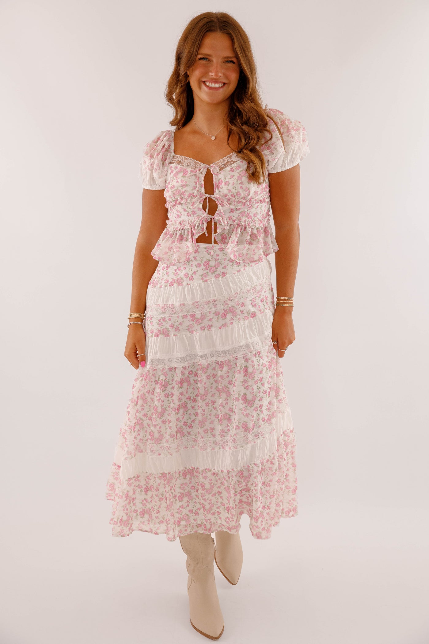 Pink Floral Lace Two Piece Set- Women's Midi Skirt Lace Set- PeachLove California