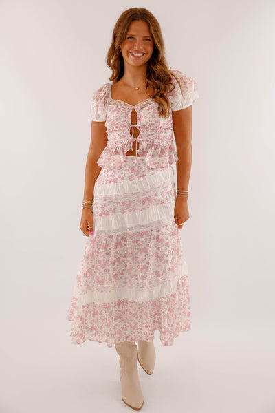 Pink Floral Lace Two Piece Set- Women's Midi Skirt Lace Set- PeachLove California