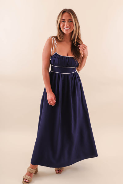 Navy Maxi Dress with White Piping Contrast - Solid Navy Maxi With White Stripes