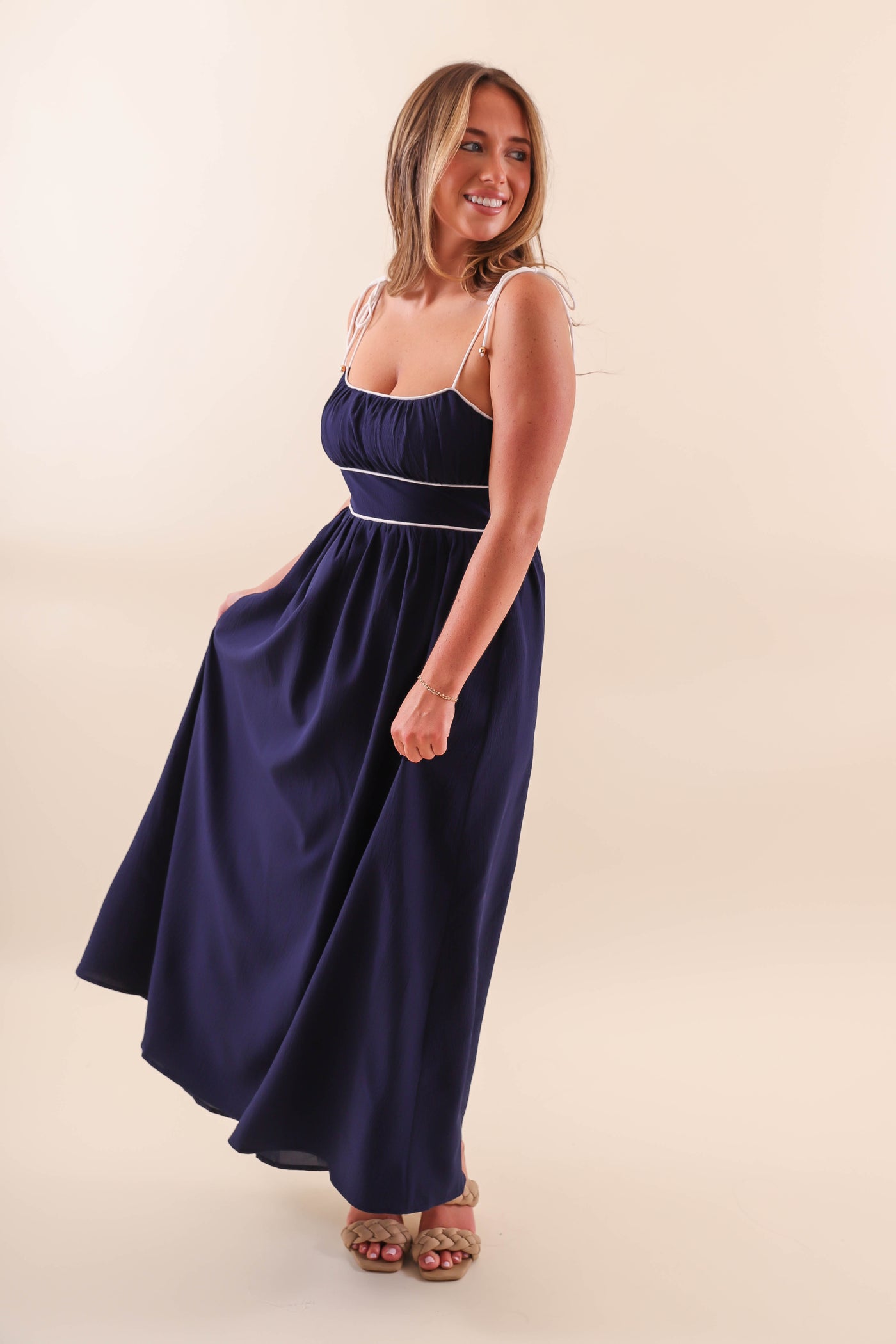 Navy Maxi Dress with White Piping Contrast - Solid Navy Maxi With White Stripes