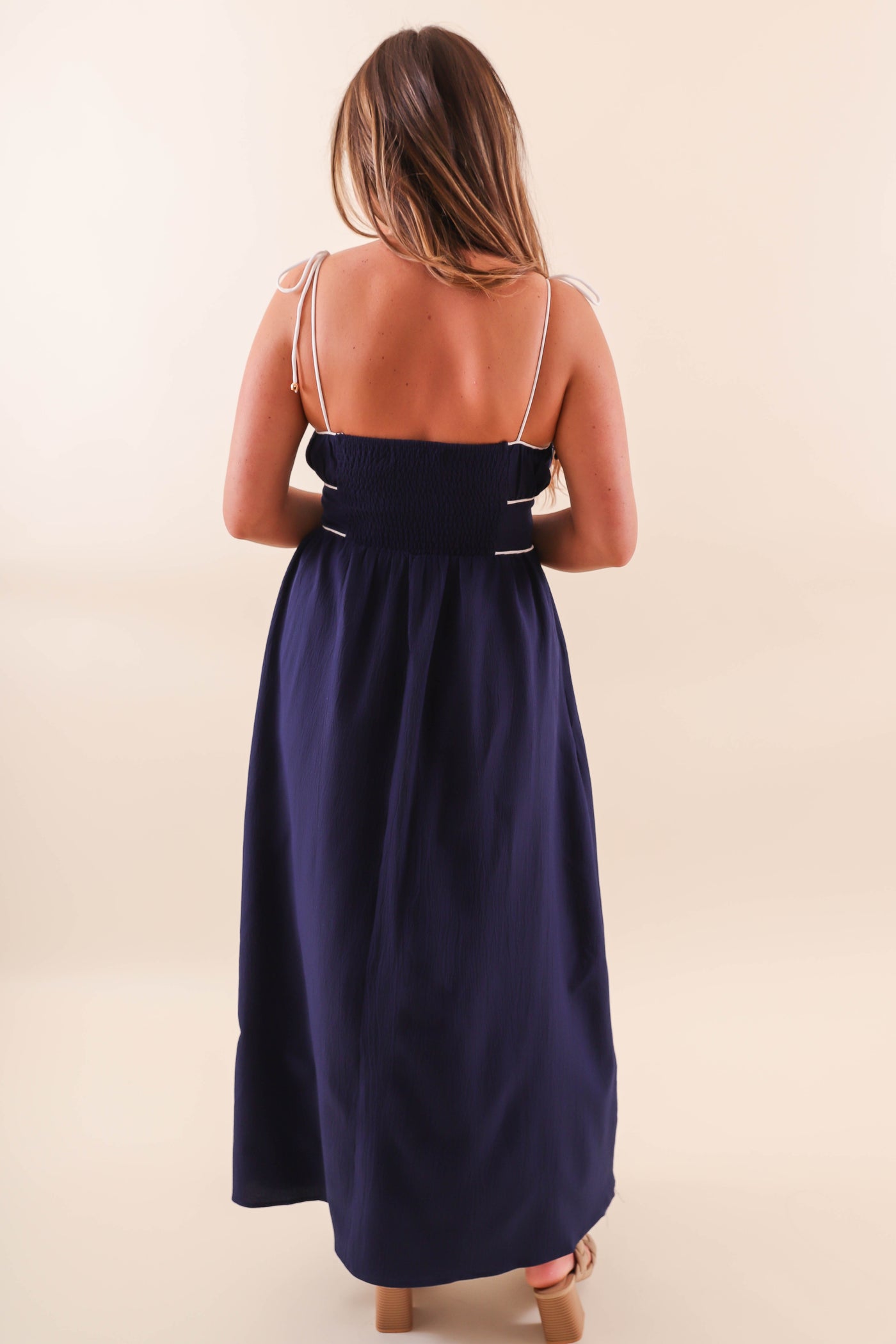 Navy Maxi Dress with White Piping Contrast - Solid Navy Maxi With White Stripes