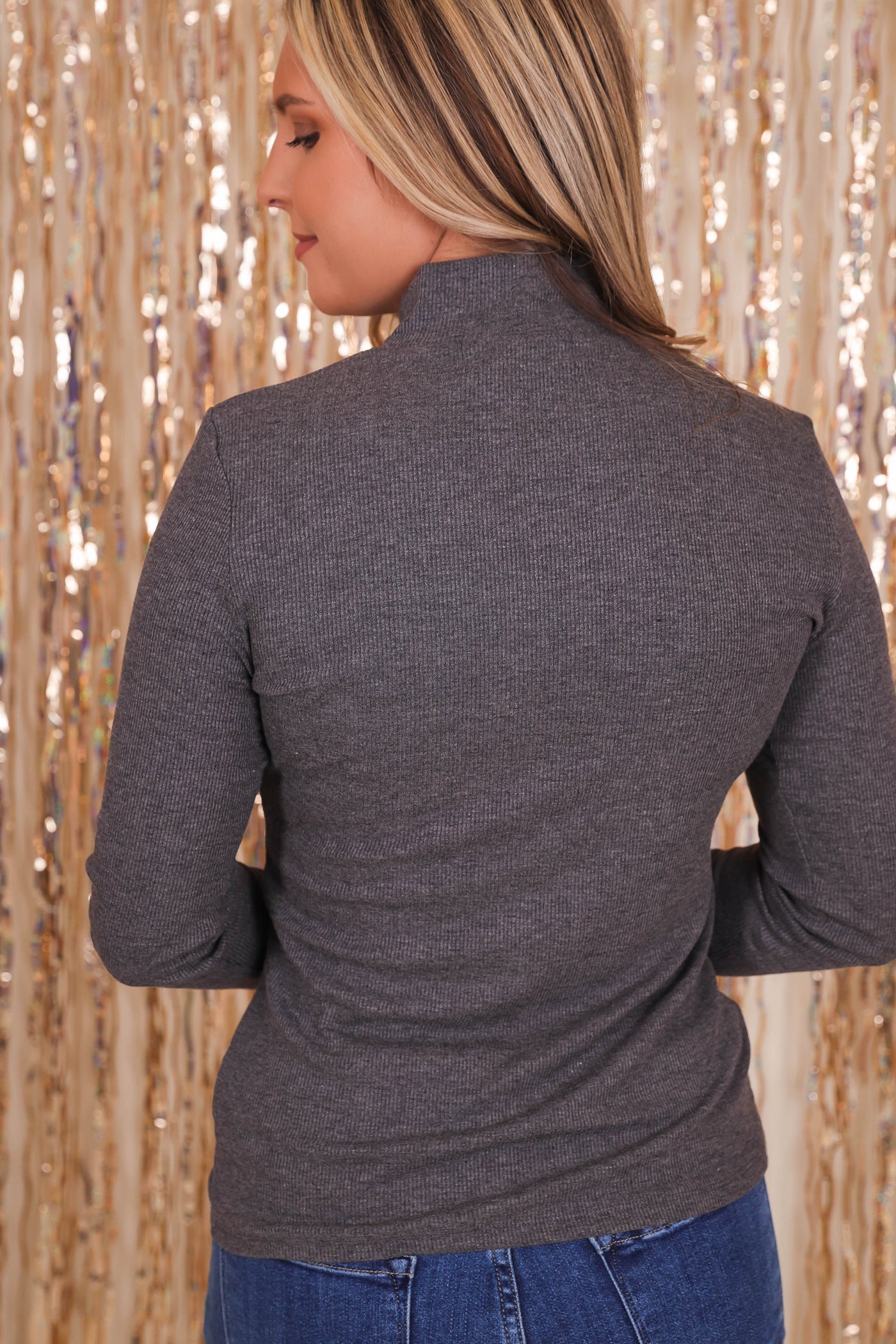 Women's Charcoal Ribbed Top- Women's Layering Tops- Mittoshop Mock Neck Top