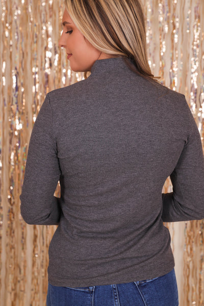 Women's Charcoal Ribbed Top- Women's Layering Tops- Mittoshop Mock Neck Top
