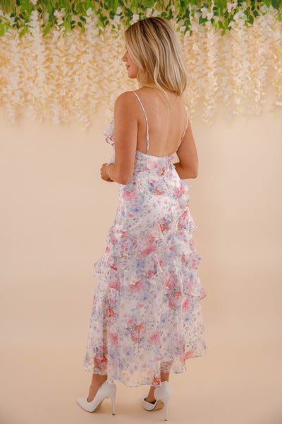 Women's Ruffled Maxi Dress- Floral Print Ruffle Maxi- Storia Dresses