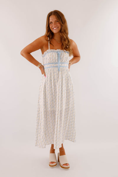 Dainty Bow Print Midi Dress- Women's Blue Bow Dress- BluPepper Bow Dress