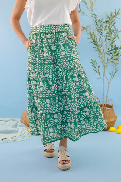 Women's Green Floral Maxi Skirt- Green and White Print Skirt- Women's Vacation Outfits