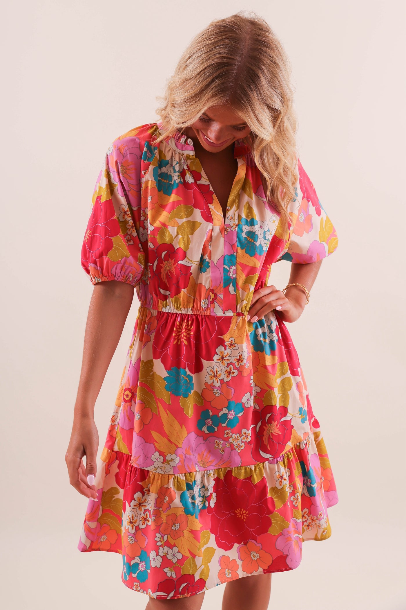 FLORAL PRINTED COTTON POPLIN DRESS- WOMEN'S COLORFUL PRINT DRESS