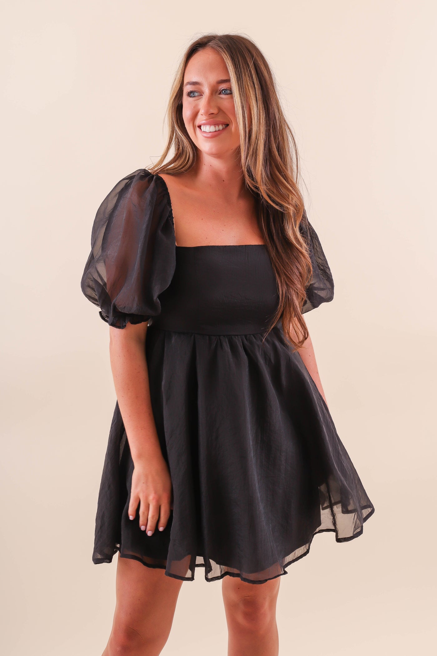 Women's Mini Dress- Black Puff Sleeve Dress- Vintage Shop Dress