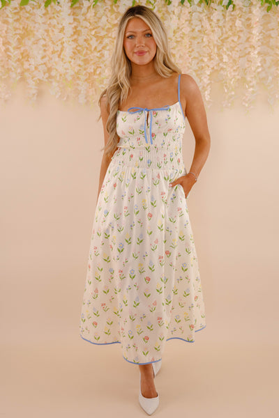 Women's Floral Print Midi Dress- Smocked Midi Dress- Aureum Print Midi