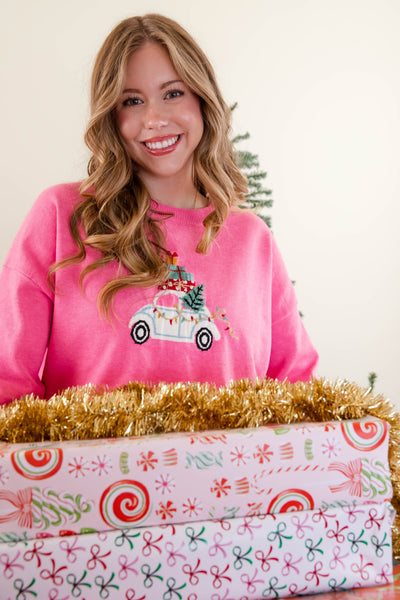 Women's Pink Festive Christmas Sweater- Preppy Christmas Sweater- Le Lis Pink Christmas Sweater