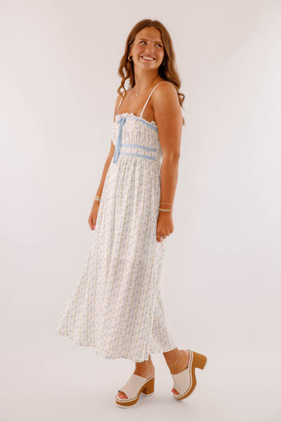 Dainty Bow Print Midi Dress- Women's Blue Bow Dress- BluPepper Bow Dress