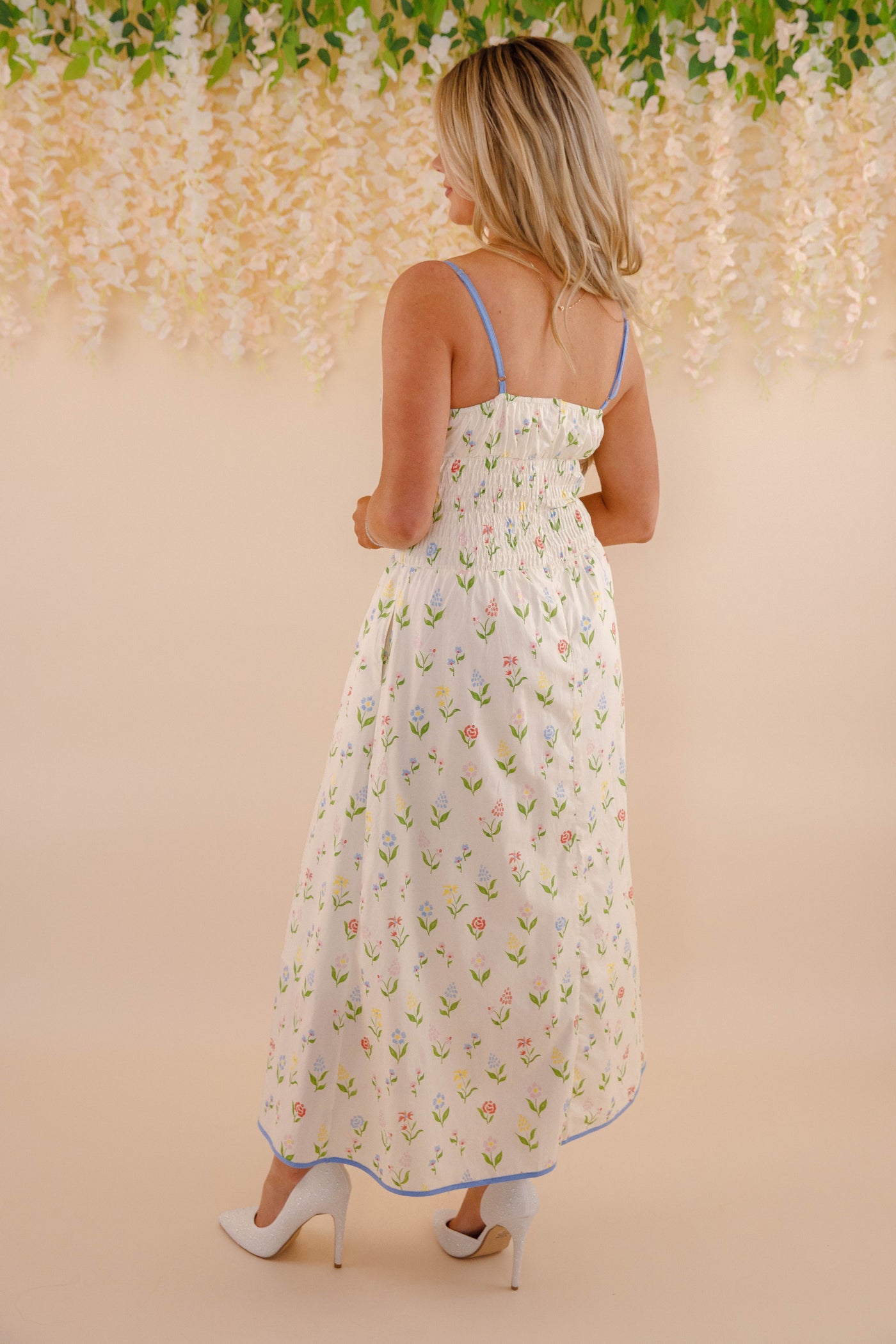 Women's Floral Print Midi Dress- Smocked Midi Dress- Aureum Print Midi