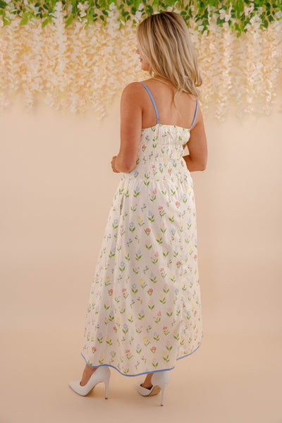 Women's Floral Print Midi Dress- Smocked Midi Dress- Aureum Print Midi