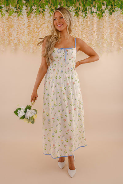 Women's Floral Print Midi Dress- Smocked Midi Dress- Aureum Print Midi