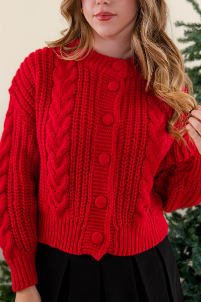 Women's Red Cable Knit Cardigan- Women's Button Down Cardigan- She + Sky Red Cardigan
