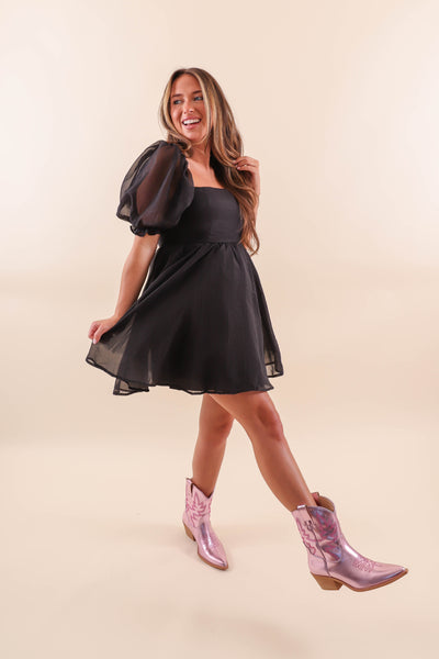 Women's Mini Dress- Black Puff Sleeve Dress- Vintage Shop Dress