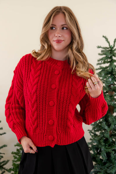Women's Red Cable Knit Cardigan- Women's Button Down Cardigan- She + Sky Red Cardigan