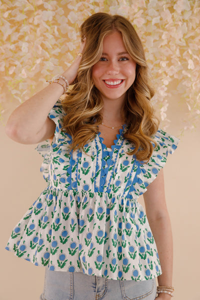 Green Floral Cotton Flutter Sleeve Blouse- Women's Printed Peplum Top- Entro Tops