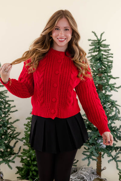 Women's Red Cable Knit Cardigan- Women's Button Down Cardigan- She + Sky Red Cardigan