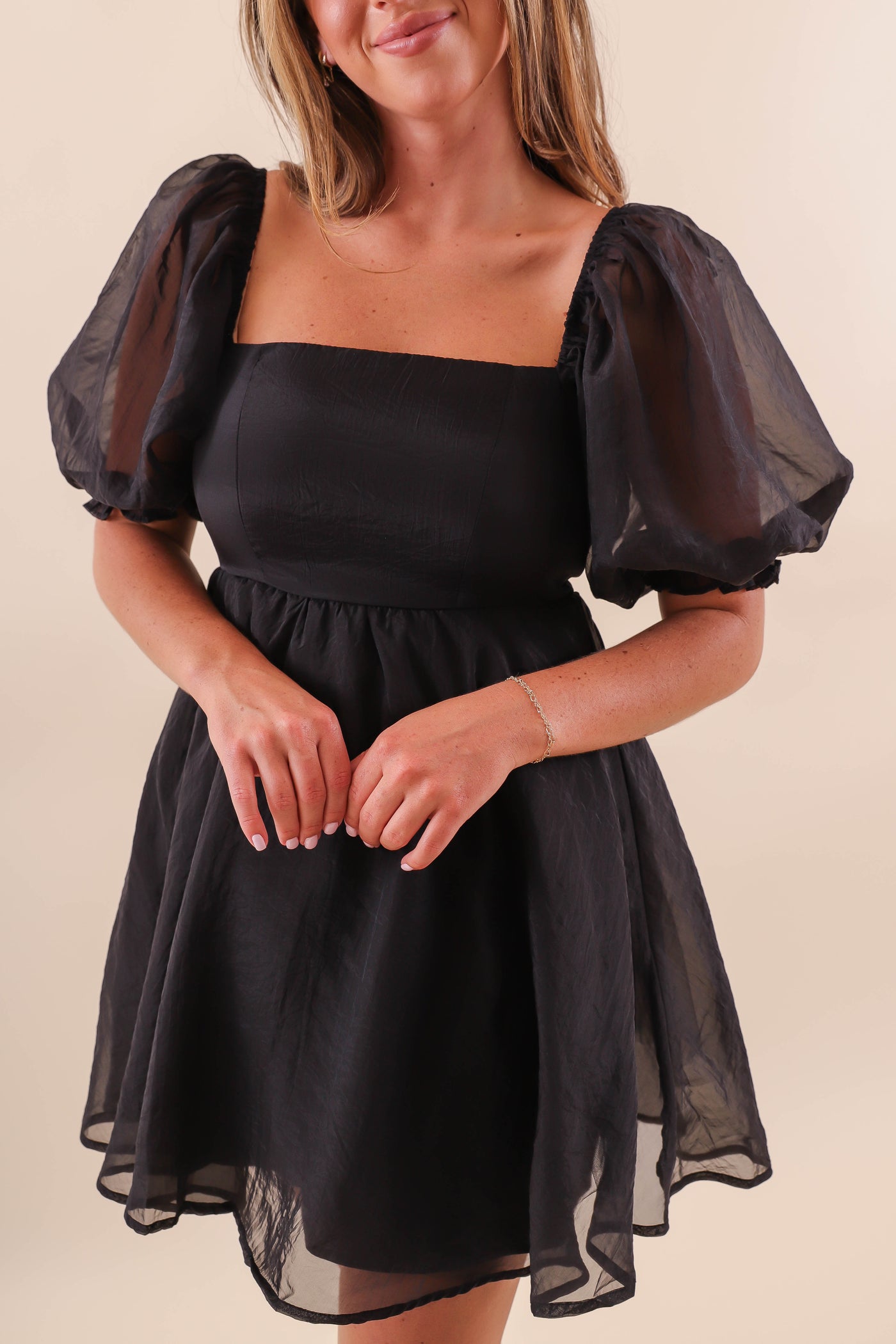 Women's Mini Dress- Black Puff Sleeve Dress- Vintage Shop Dress