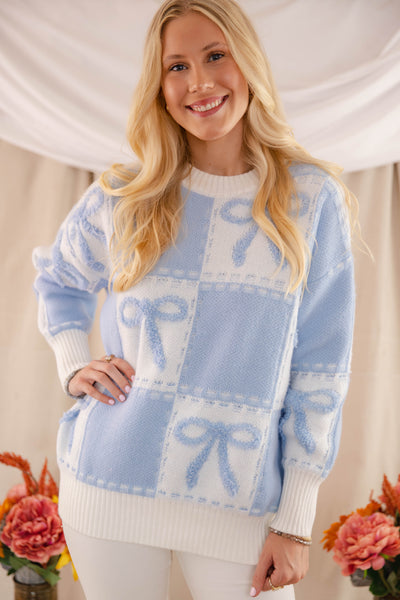Blue Bow Embroidery Sweater- Women's Ribbon Sweater- Check Print Sweater