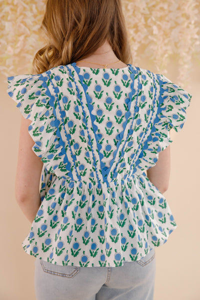 Green Floral Cotton Flutter Sleeve Blouse- Women's Printed Peplum Top- Entro Tops