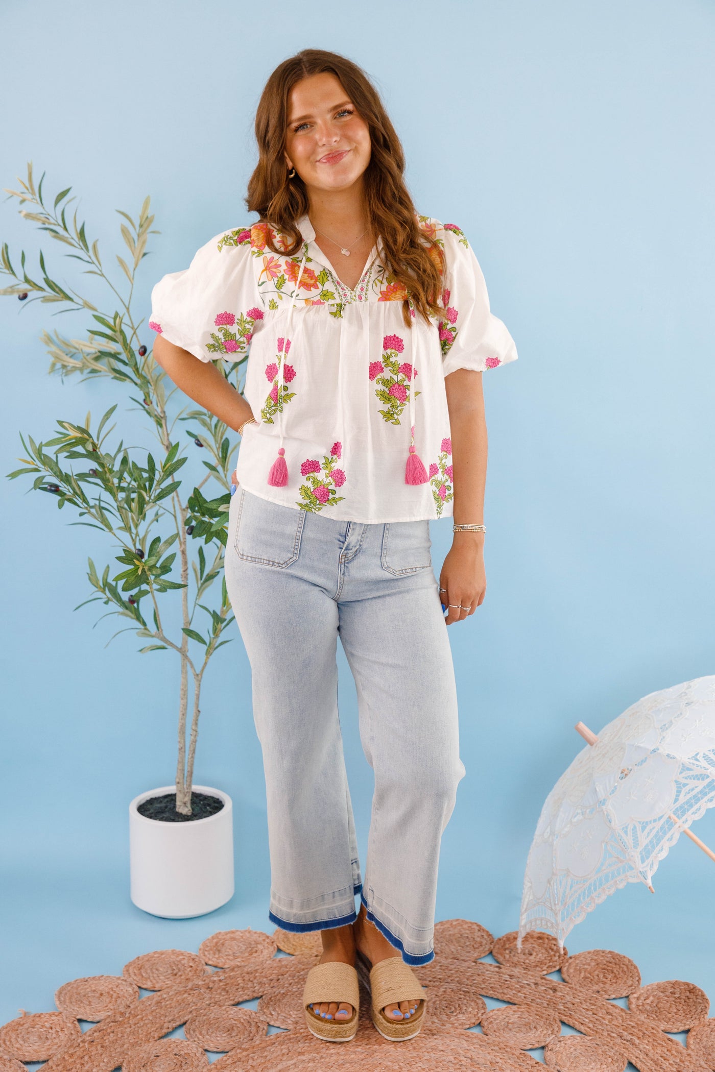 White and Pink Floral Blouse- Women's Cotton Tops- THML Tops
