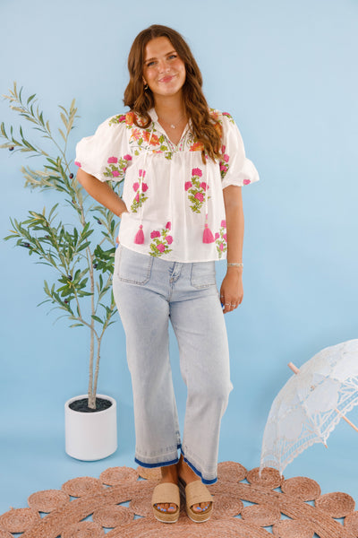 White and Pink Floral Blouse- Women's Cotton Tops- THML Tops