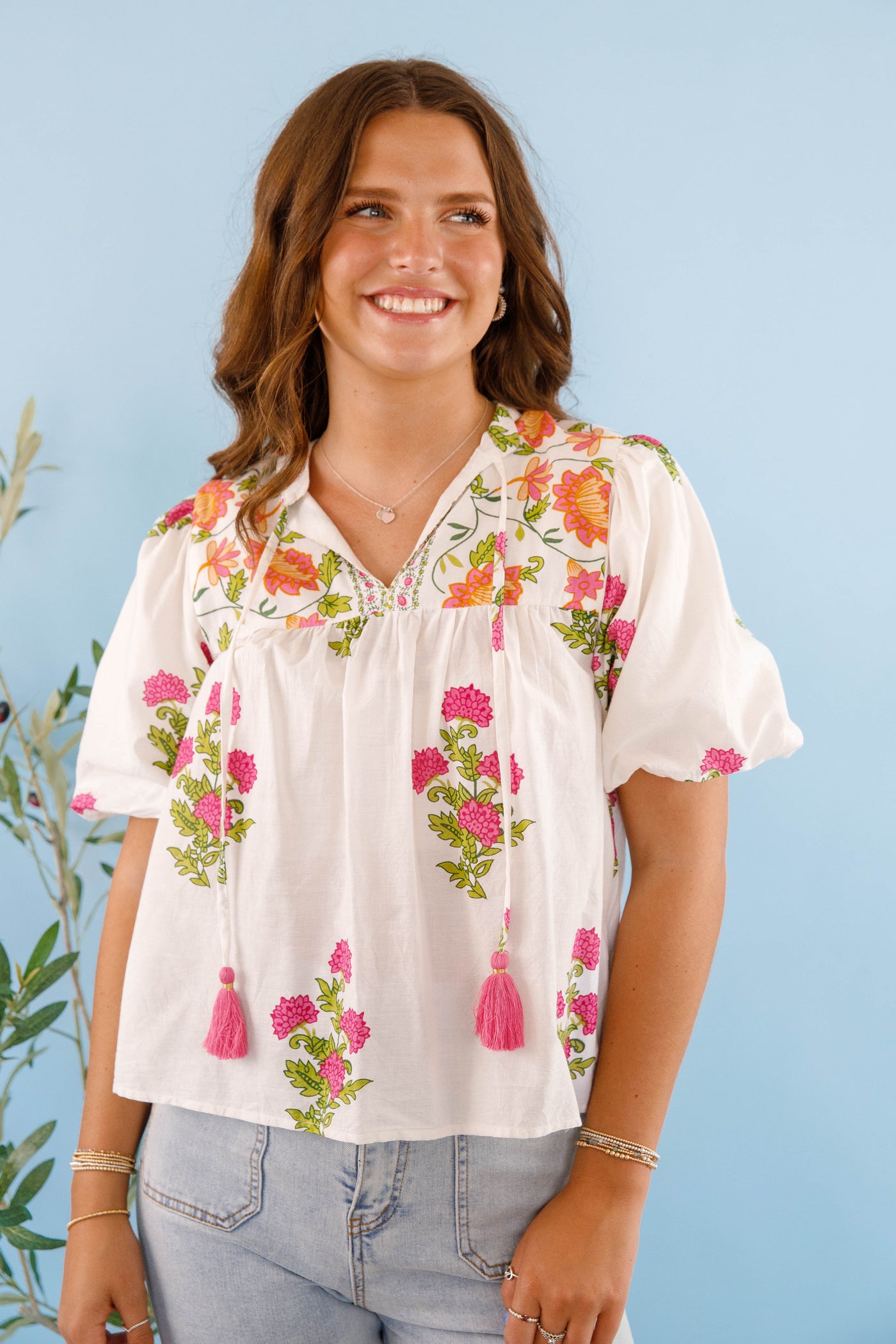 White and Pink Floral Blouse- Women's Cotton Tops- THML Tops