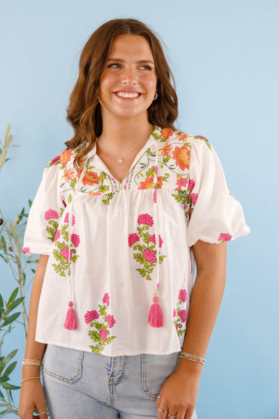 White and Pink Floral Blouse- Women's Cotton Tops- THML Tops