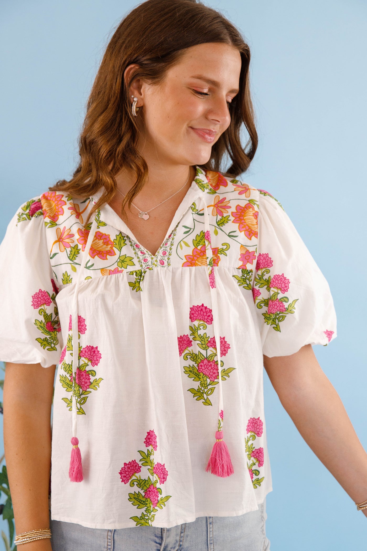White and Pink Floral Blouse- Women's Cotton Tops- THML Tops