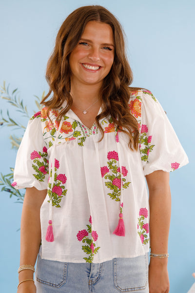 White and Pink Floral Blouse- Women's Cotton Tops- THML Tops