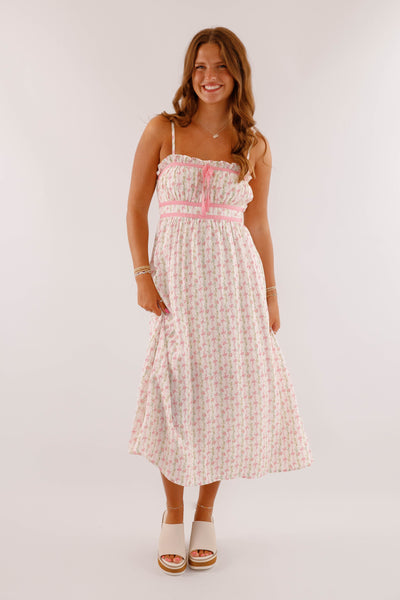 Dainty Bow Print Midi Dress- Women's Pink Bow Dress- BluPepper Bow Dress