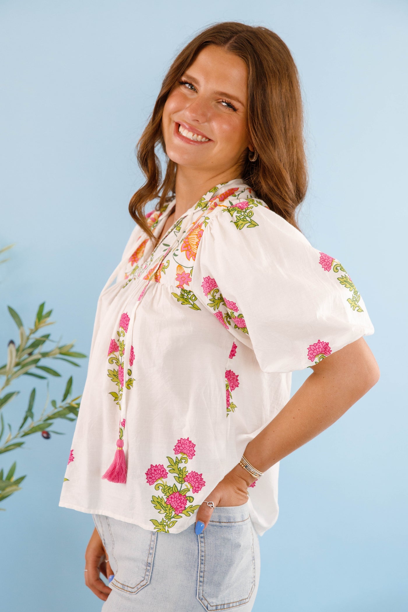 White and Pink Floral Blouse- Women's Cotton Tops- THML Tops