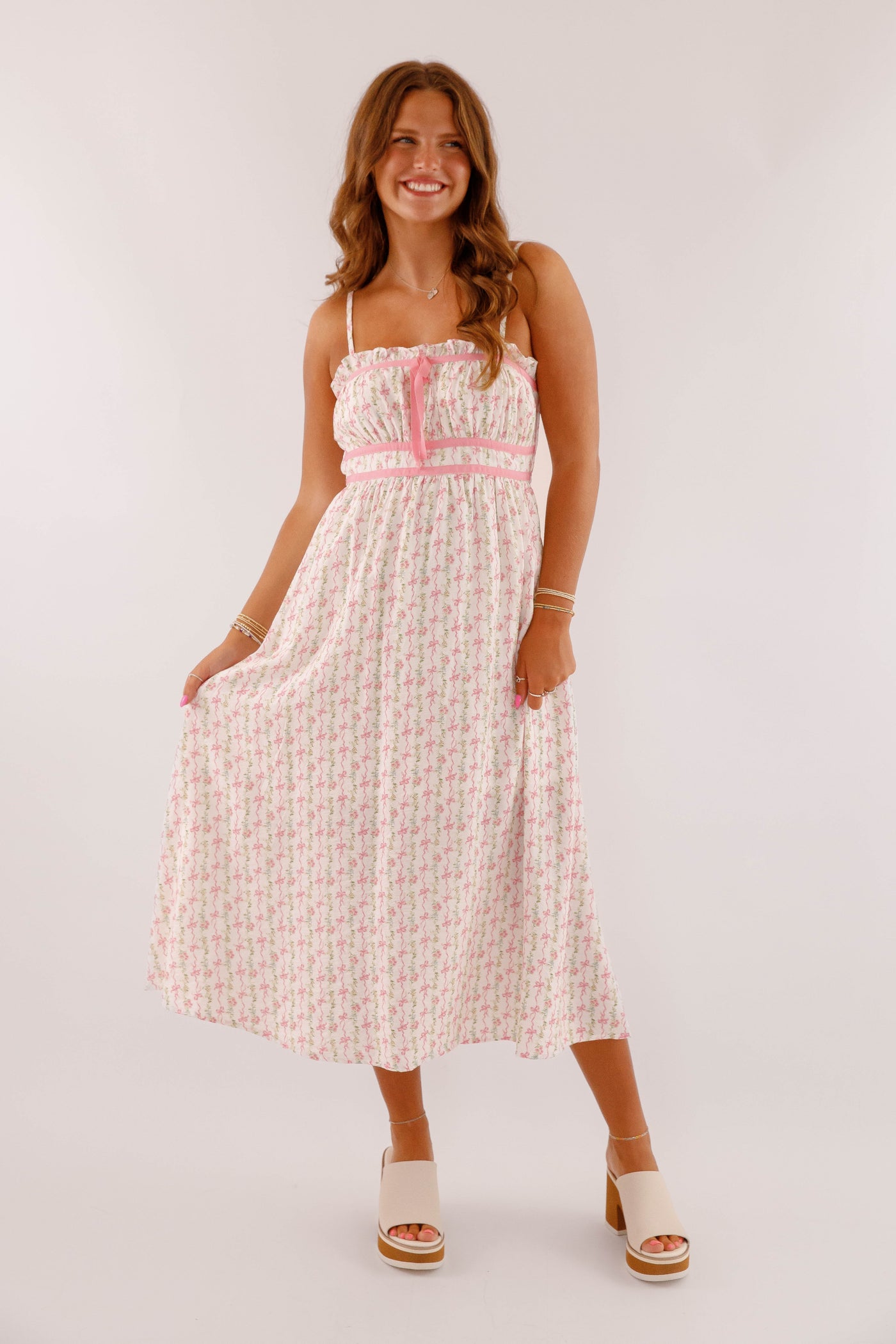 Dainty Bow Print Midi Dress- Women's Pink Bow Dress- BluPepper Bow Dress