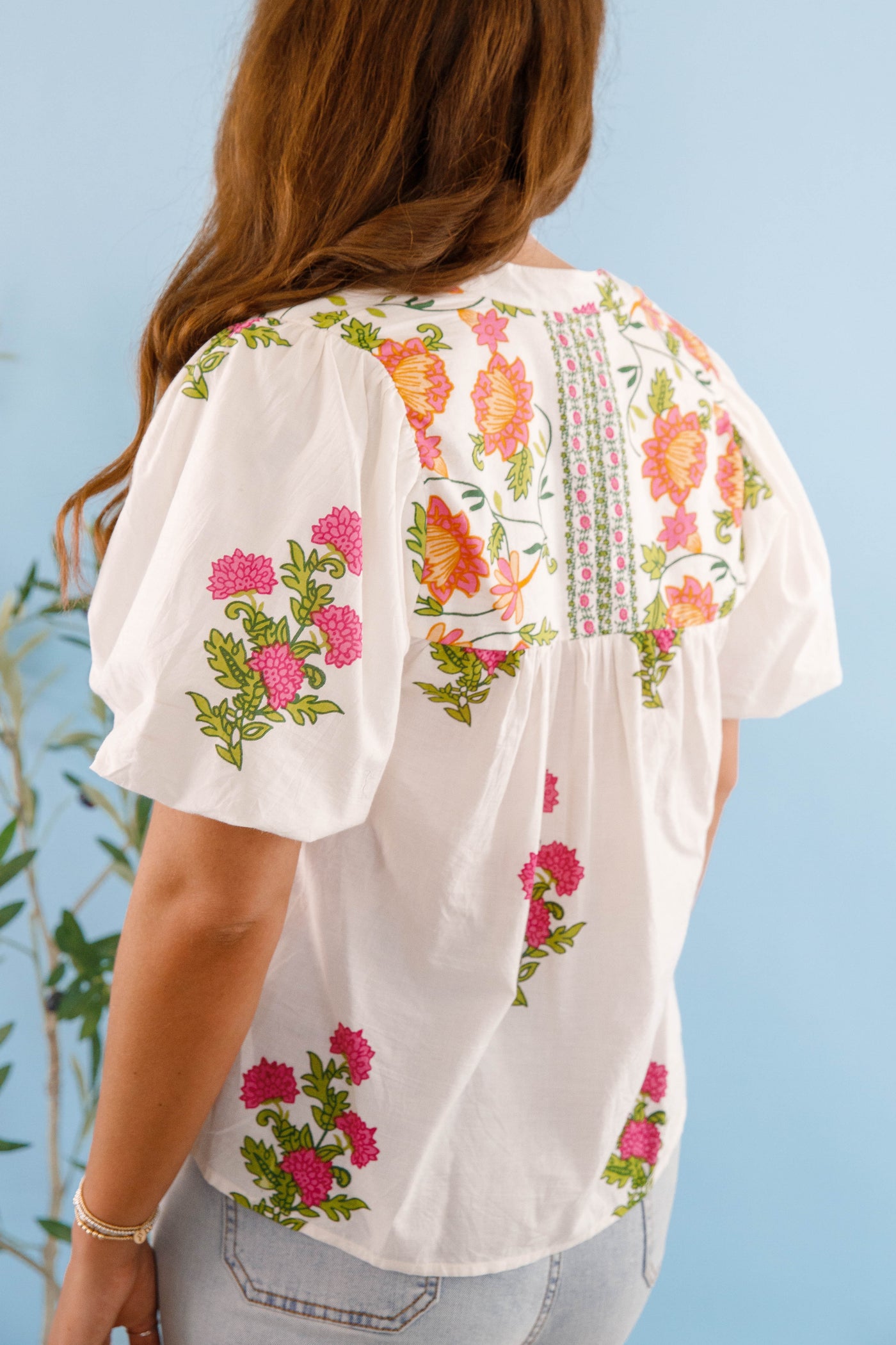 White and Pink Floral Blouse- Women's Cotton Tops- THML Tops