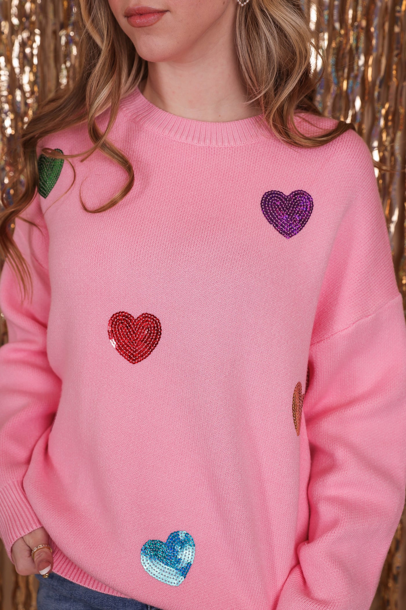 Women's Pink Heart Sequin Sweater- Rainbow Heart Sequin Sweater- Main Strip Sweaters