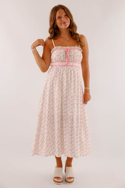 Dainty Bow Print Midi Dress- Women's Pink Bow Dress- BluPepper Bow Dress