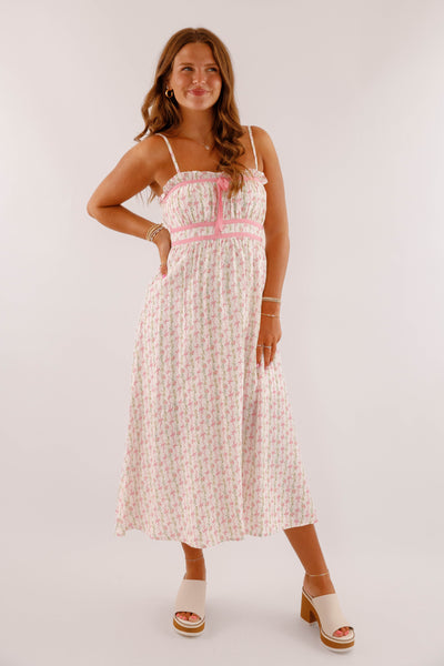 Dainty Bow Print Midi Dress- Women's Pink Bow Dress- BluPepper Bow Dress