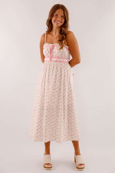 Dainty Bow Print Midi Dress- Women's Pink Bow Dress- BluPepper Bow Dress