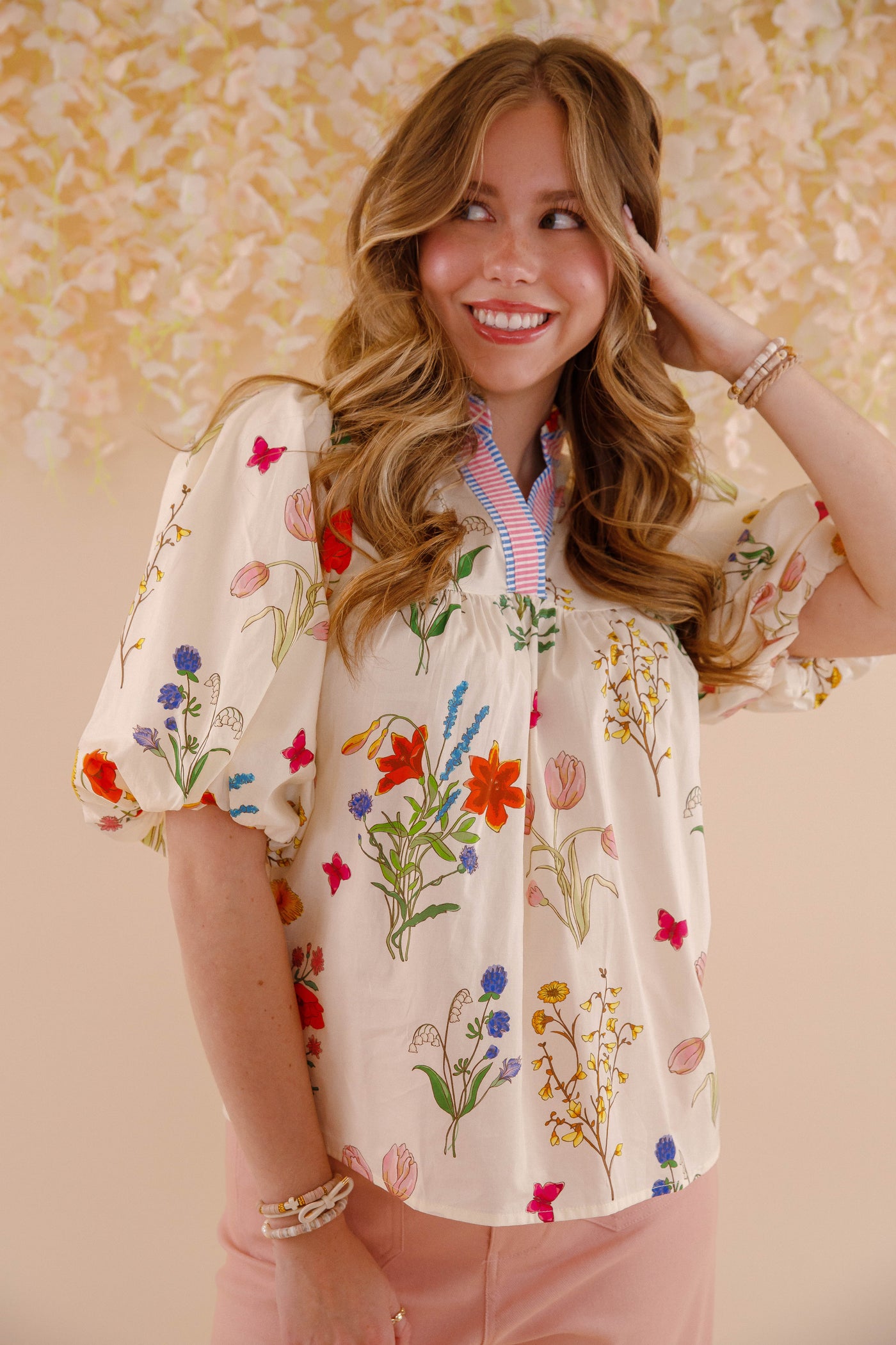THML Floral Puff Sleeve Cotton Blouse- Women's Printed Cotton Top