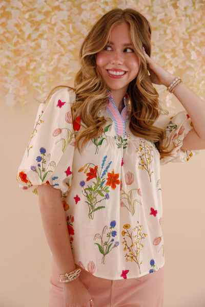 THML Floral Puff Sleeve Cotton Blouse- Women's Printed Cotton Top