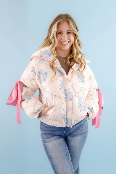 Floral Puffer Jacket- Women's Pink Bow Puffer Jacket- TCEC Pink Puffer Jacket