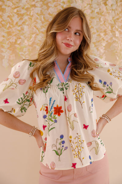 THML Floral Puff Sleeve Cotton Blouse- Women's Printed Cotton Top
